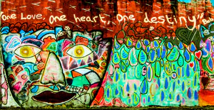 This graffiti image is on the wall at ACCN- Dudley African Caribbean Network, I would like to know how and when this was created. One Love is a reference to a Bob Marley song and is written in the image. - ACCN Wall Art.jpg